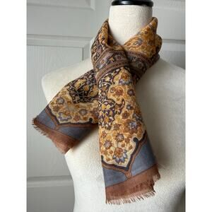Oscar De La Renta Floral Cotton Scarf Gray Brown Square 30” Designer Baroque
